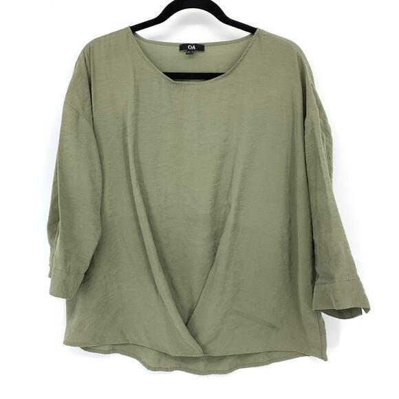 C&A 3/4 Sleeve Blouse Womens Size 38 US Medium Green Draped Pinched Front - Picture 1 of 6